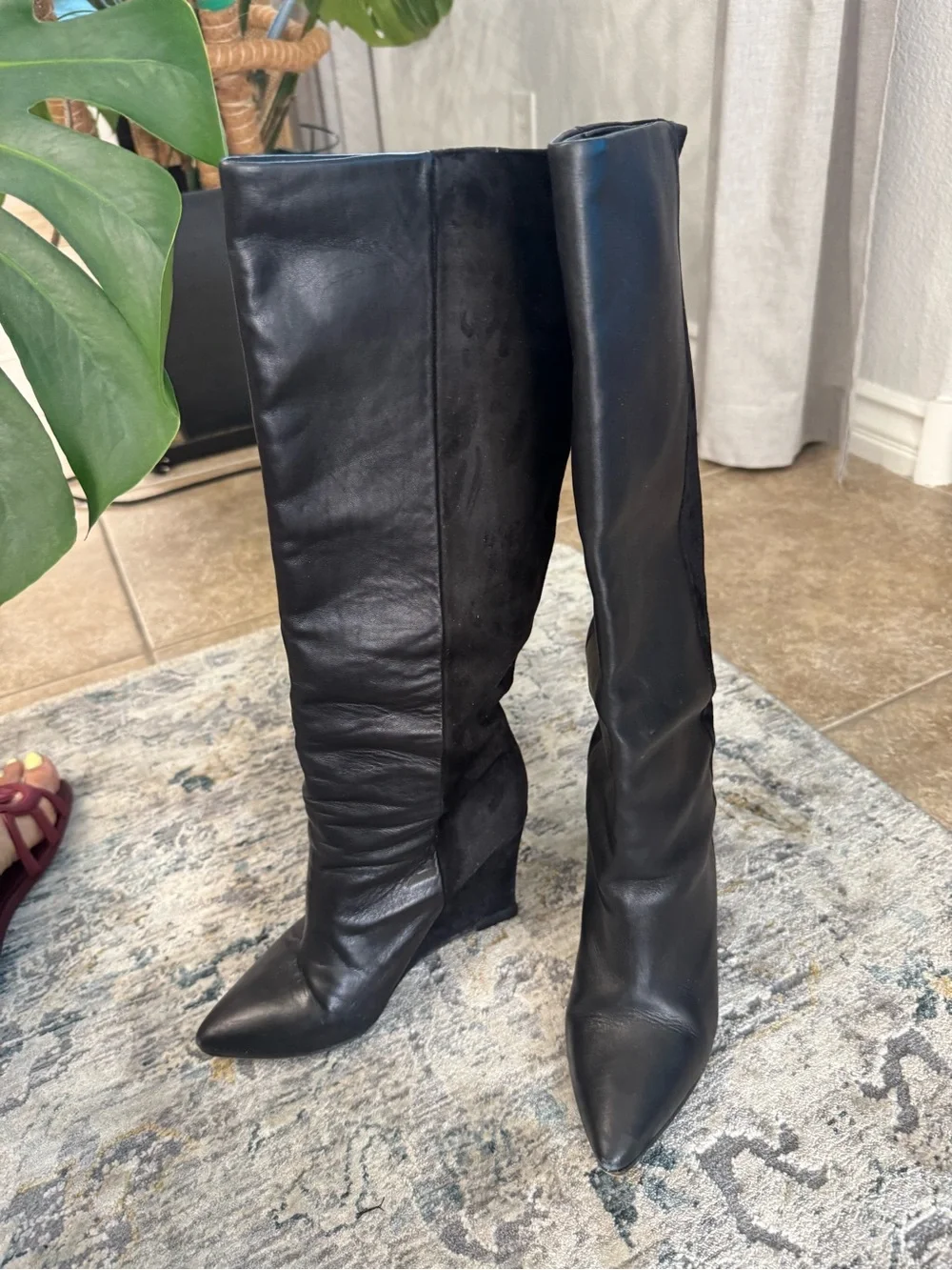 All Saints Black Leather and Suede Over-the-Knee Wedge Boots